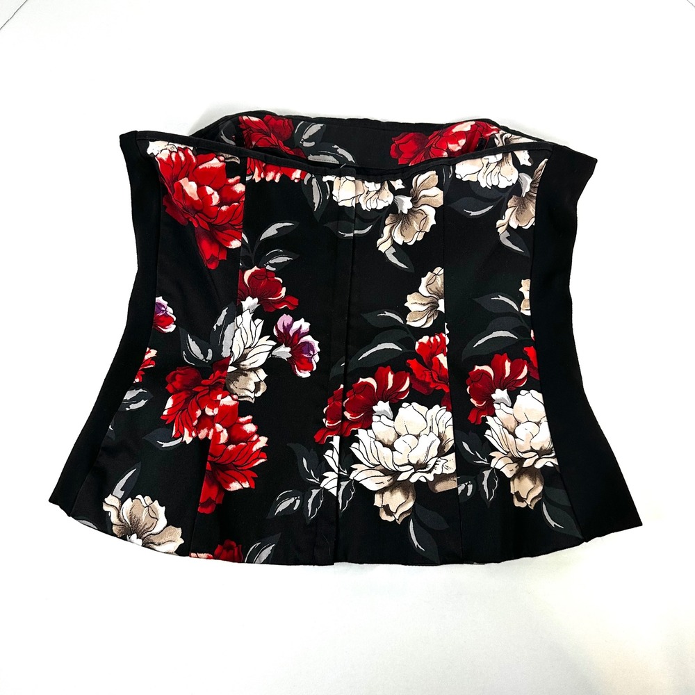 White House Black Market Floral Strapless Peplum Top Corset Bodice Black Red 8 - Picture 3 of 7